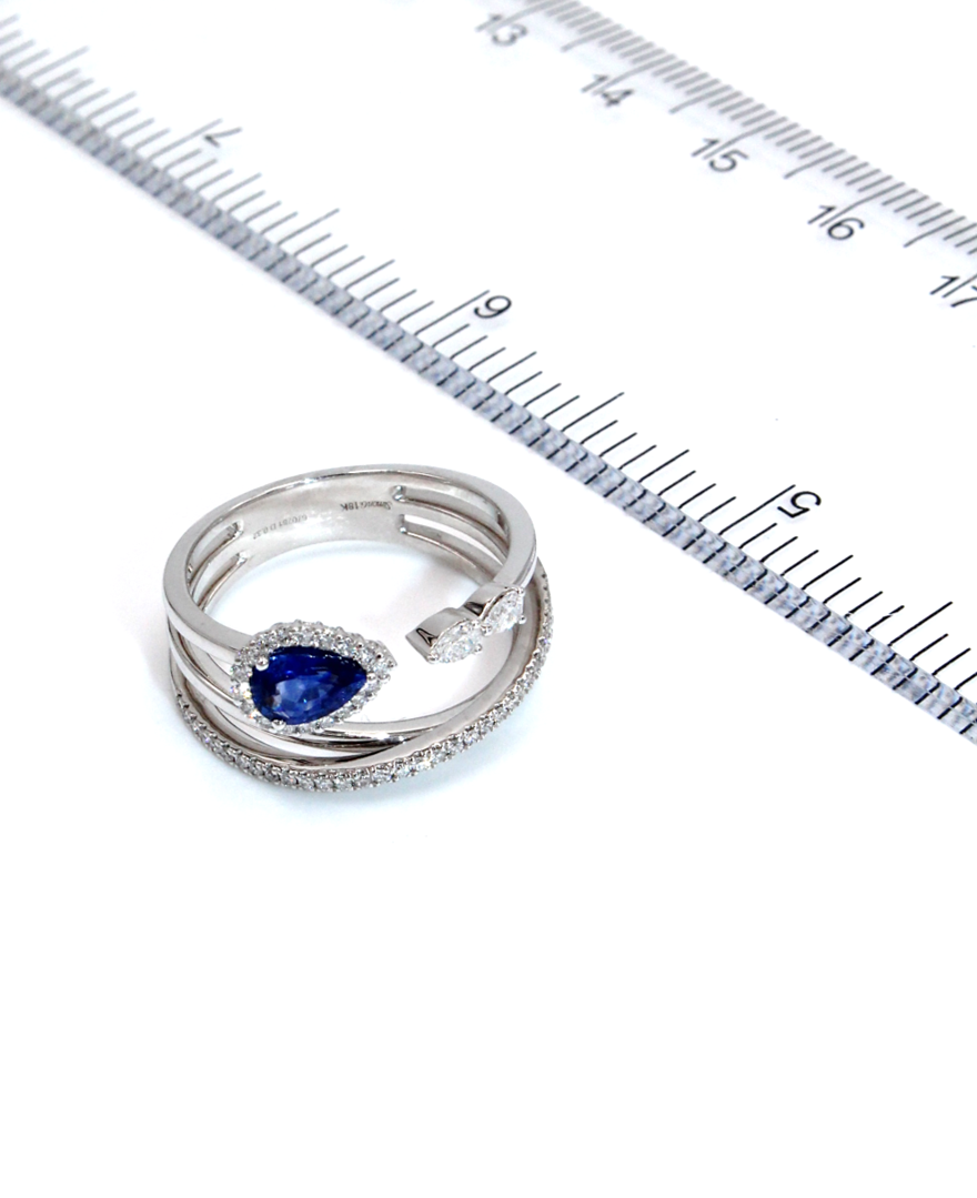 Simon G. Multi Row Diamond Halo 18K White Gold Ring with Pear Shaped Sapphire