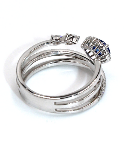 Simon G. Multi Row Diamond Halo 18K White Gold Ring with Pear Shaped Sapphire