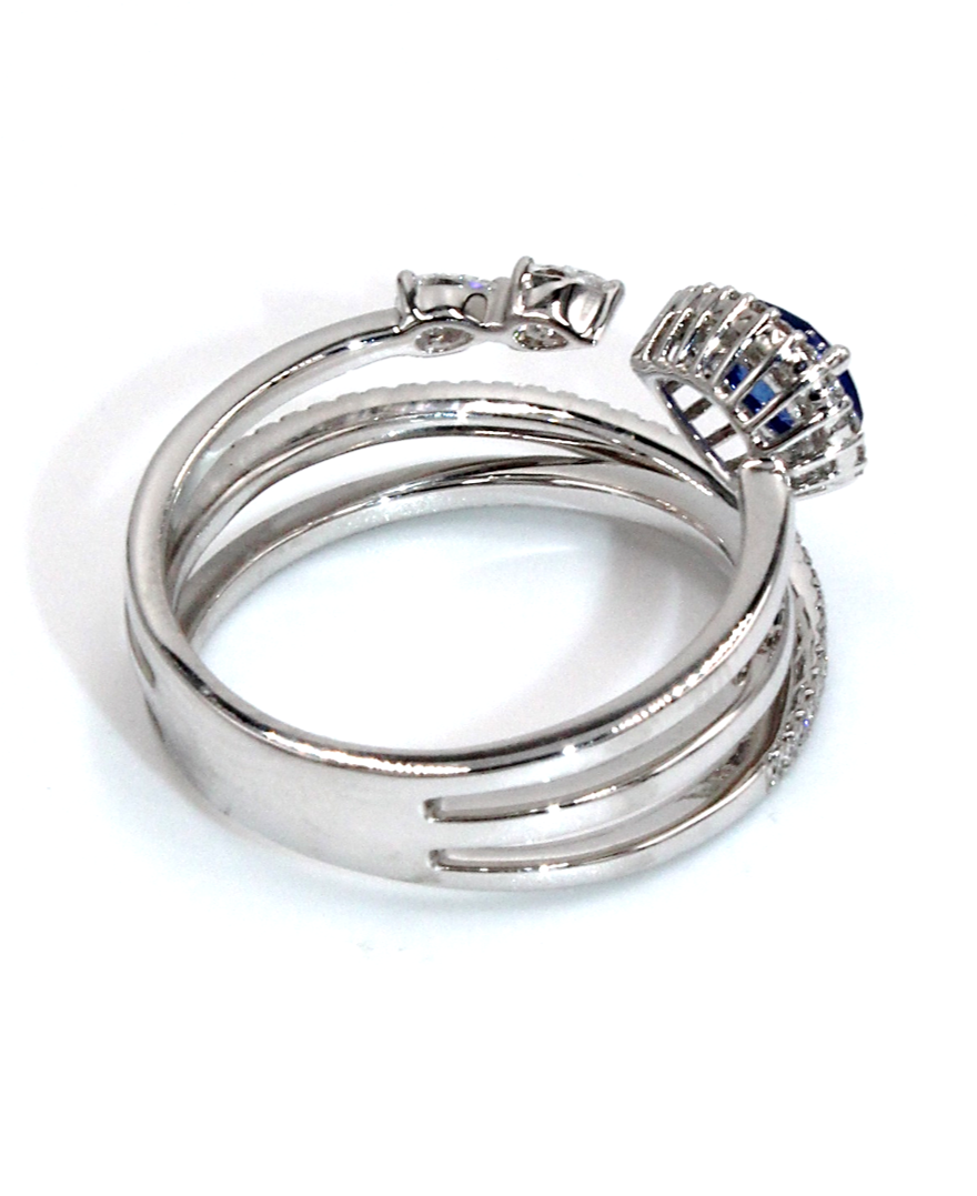 Simon G. Multi Row Diamond Halo 18K White Gold Ring with Pear Shaped Sapphire