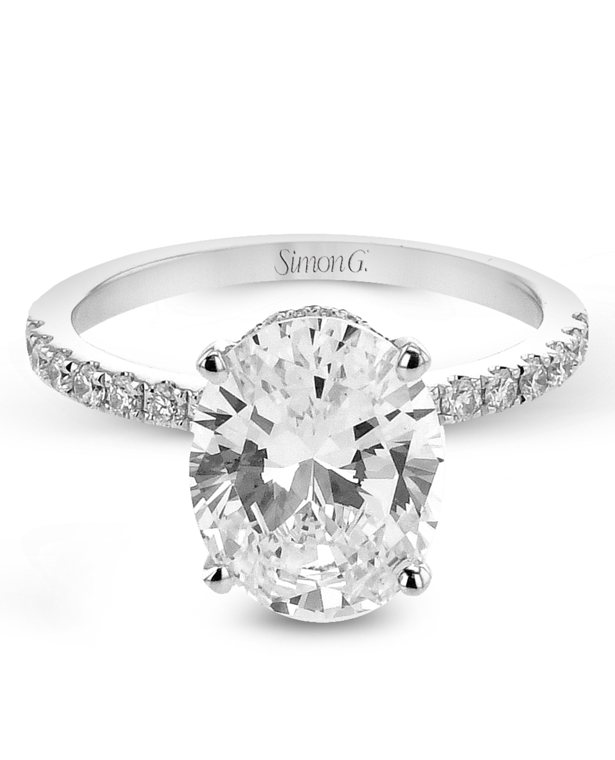 Simon G. LR3295 18K White Gold Oval Hidden Halo Engagement Ring Massoyan Jewelers