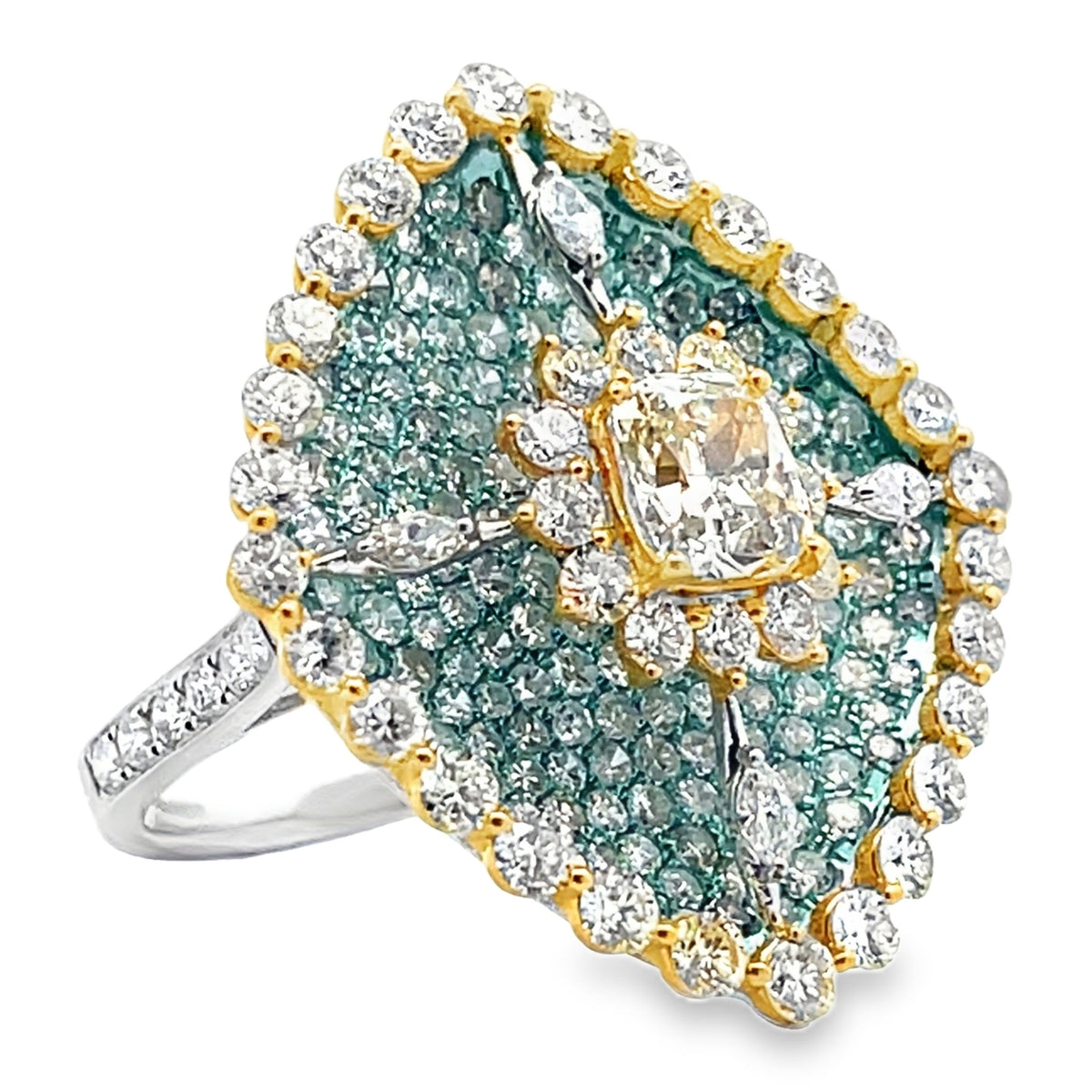 18K Two Tone Gold Diamond & Yellow Diamond Right Hand Fashion Ring 6.44 Carats Total