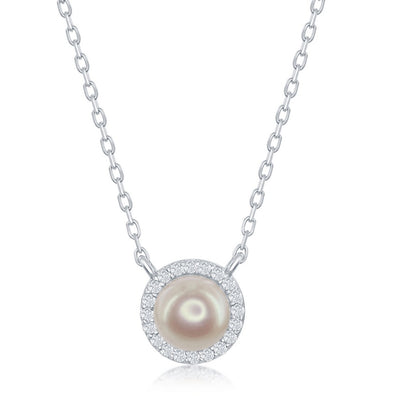 Sterling Silver Pearl with Cubic Zirconia Border