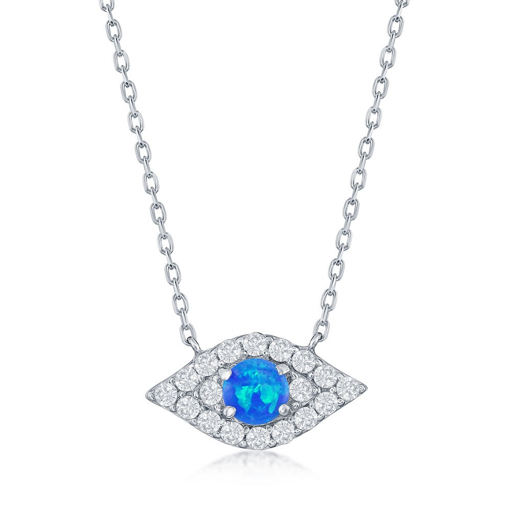 Sterling Silver Evil Eye Necklace with Round Blue Opal, Rhodium Plating, Lobster Lock Closure, Length is Freely Adjustable 16 Inches to 18 Inches