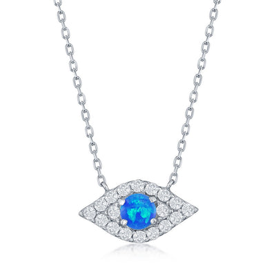 Sterling Silver Evil Eye Necklace with Round Blue Opal, Rhodium Plating, Lobster Lock Closure, Length is Freely Adjustable 16 Inches to 18 Inches