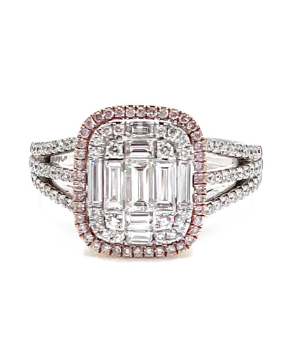 Pink Diamond Ring with Multi Row Shank in 18K White and Rose Gold
