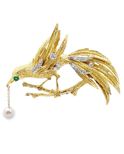 18K Yellow Gold Diamond and Emerald Bird Brooch with Dangling Pearl