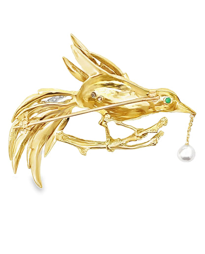 18K Yellow Gold Diamond and Emerald Bird Brooch with Dangling Pearl