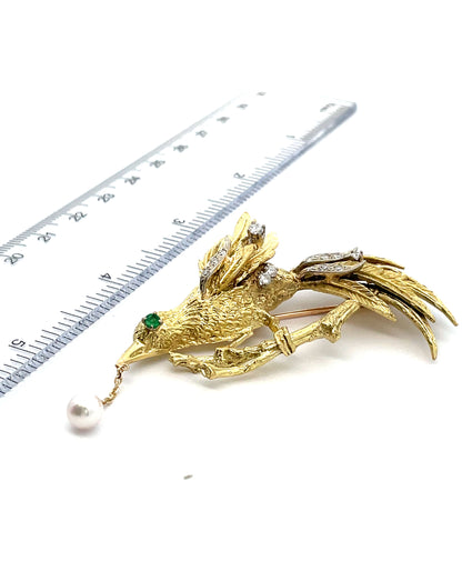 18K Yellow Gold Diamond and Emerald Bird Brooch with Dangling Pearl