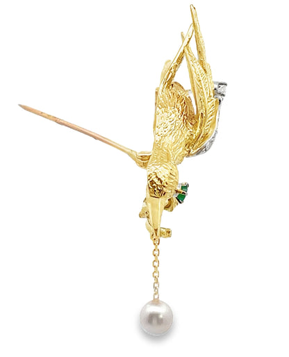 18K Yellow Gold Diamond and Emerald Bird Brooch with Dangling Pearl