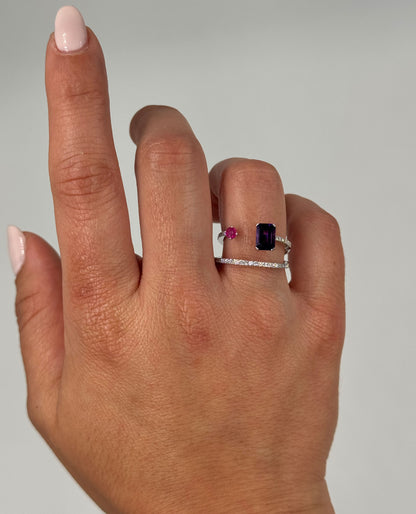 Amethyst & Ruby Asymmetric Bypass Ring in 14K White Gold with Diamonds