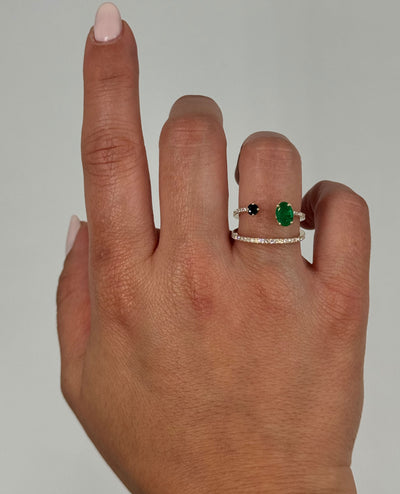 Sapphire & Emerald Asymmetric Bypass Ring in 14K Yellow Gold with Diamonds