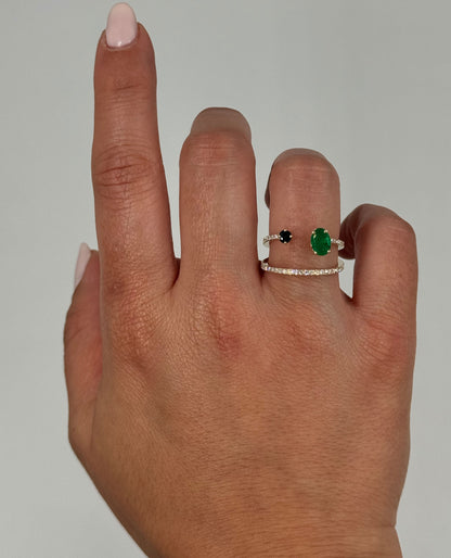 Sapphire & Emerald Asymmetric Bypass Ring in 14K Yellow Gold with Diamonds