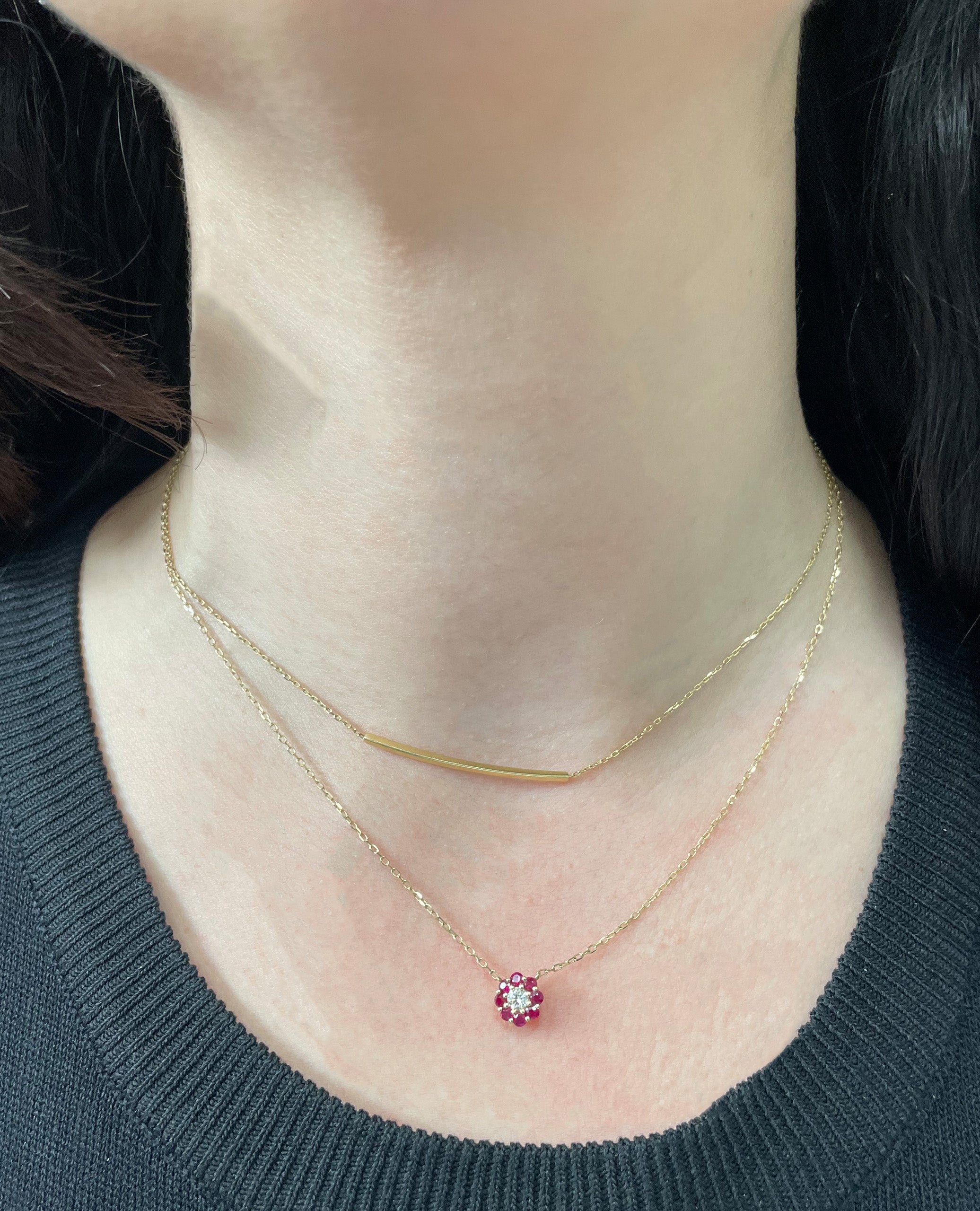 14K Yellow Gold Petite Flower Necklace with Rubies and Diamond