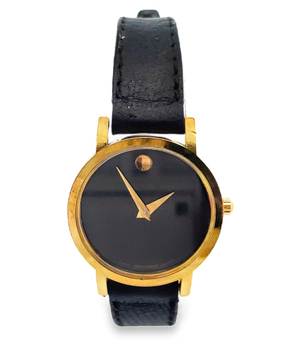 Pre-owned Movado Stainless Steel 20mm Black Dial with Black Leather Band