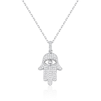 14K White Gold Hamsa Diamond Necklace with Eye