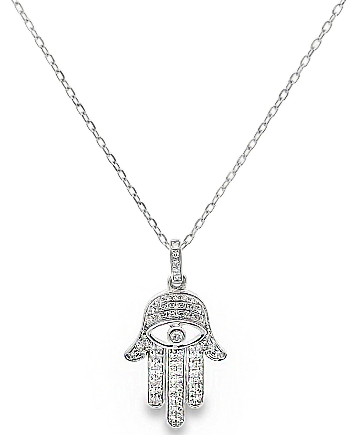 Hamsa Diamond Necklace 0.17 Carat with Evil Eye in 14K White Gold Freely Adjustable Length