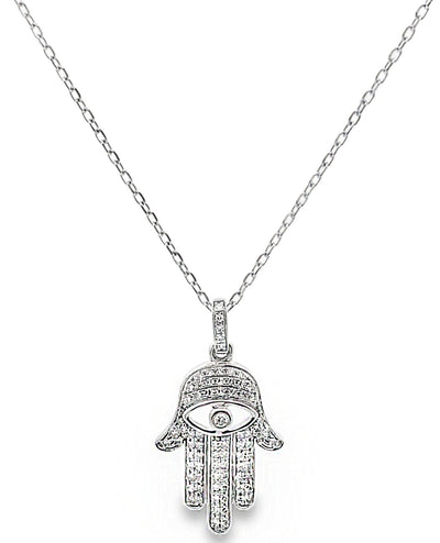 Hamsa Diamond Necklace 0.17 Carat with Evil Eye in 14K White Gold Freely Adjustable Length