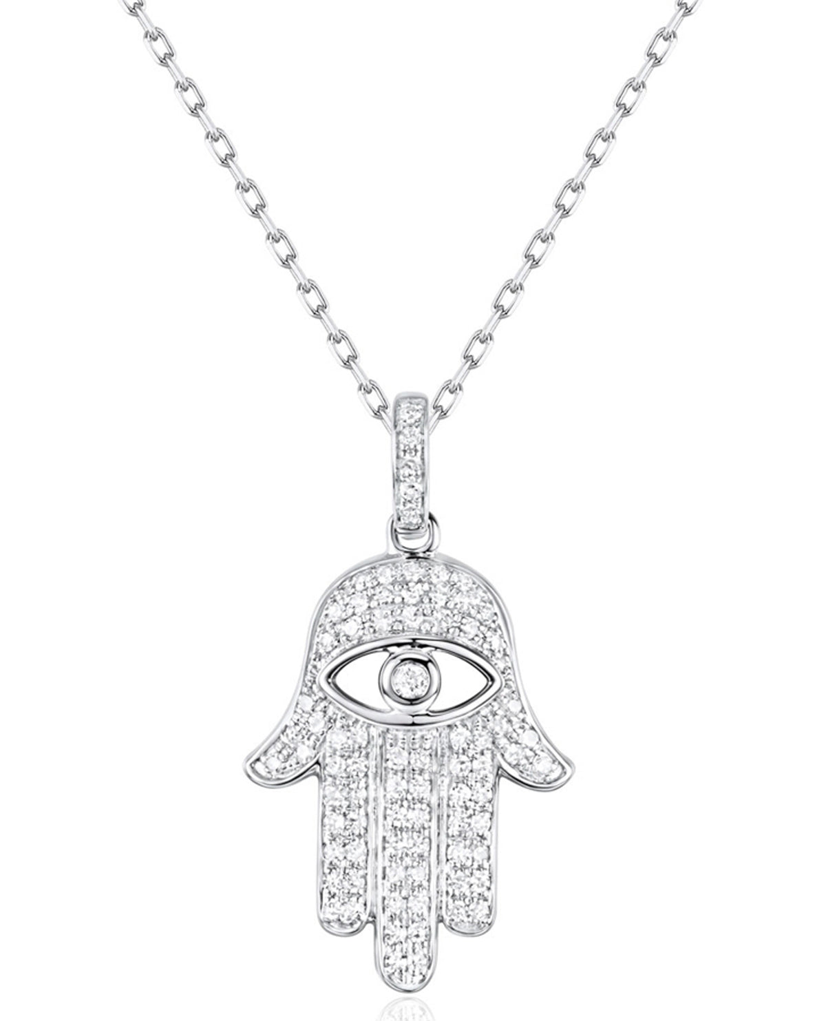 Hamsa Diamond Necklace 0.17 Carat with Evil Eye in 14K White Gold Freely Adjustable Length