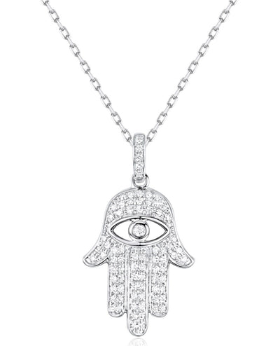 Hamsa Diamond Necklace 0.17 Carat with Evil Eye in 14K White Gold Freely Adjustable Length