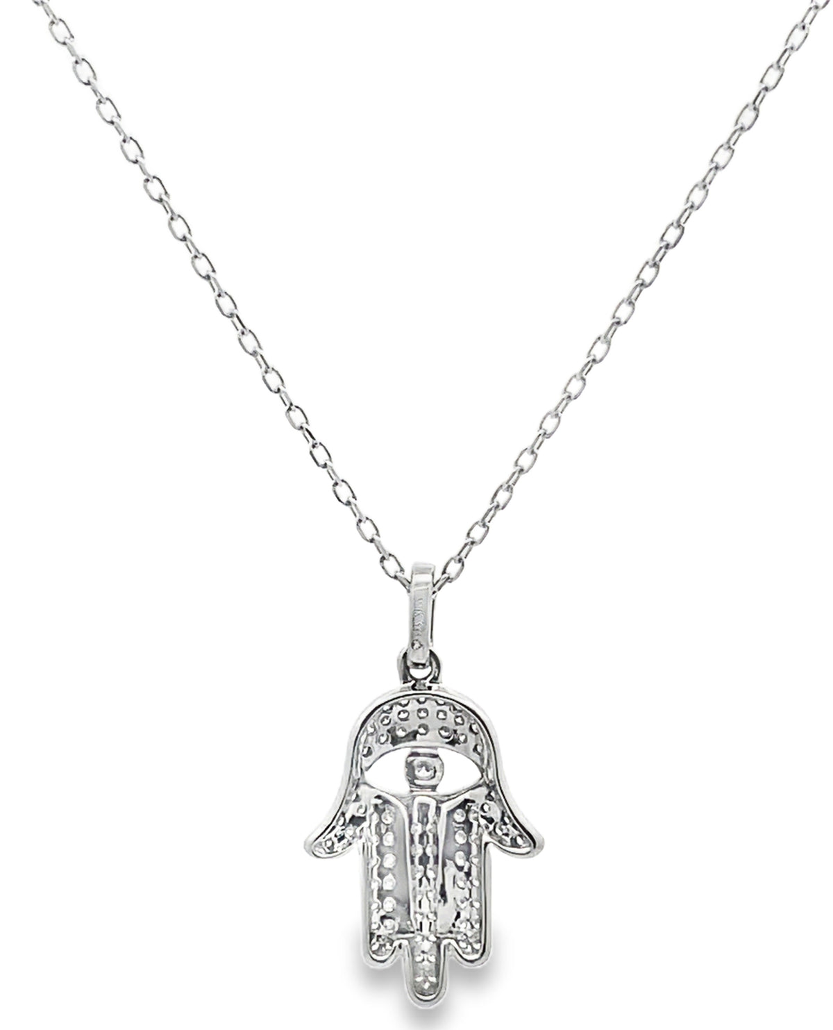 Hamsa Diamond Necklace 0.17 Carat with Evil Eye in 14K White Gold Freely Adjustable Length