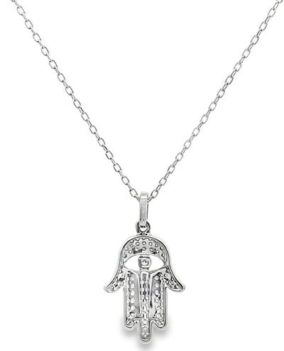 Hamsa Diamond Necklace 0.17 Carat with Evil Eye in 14K White Gold Freely Adjustable Length