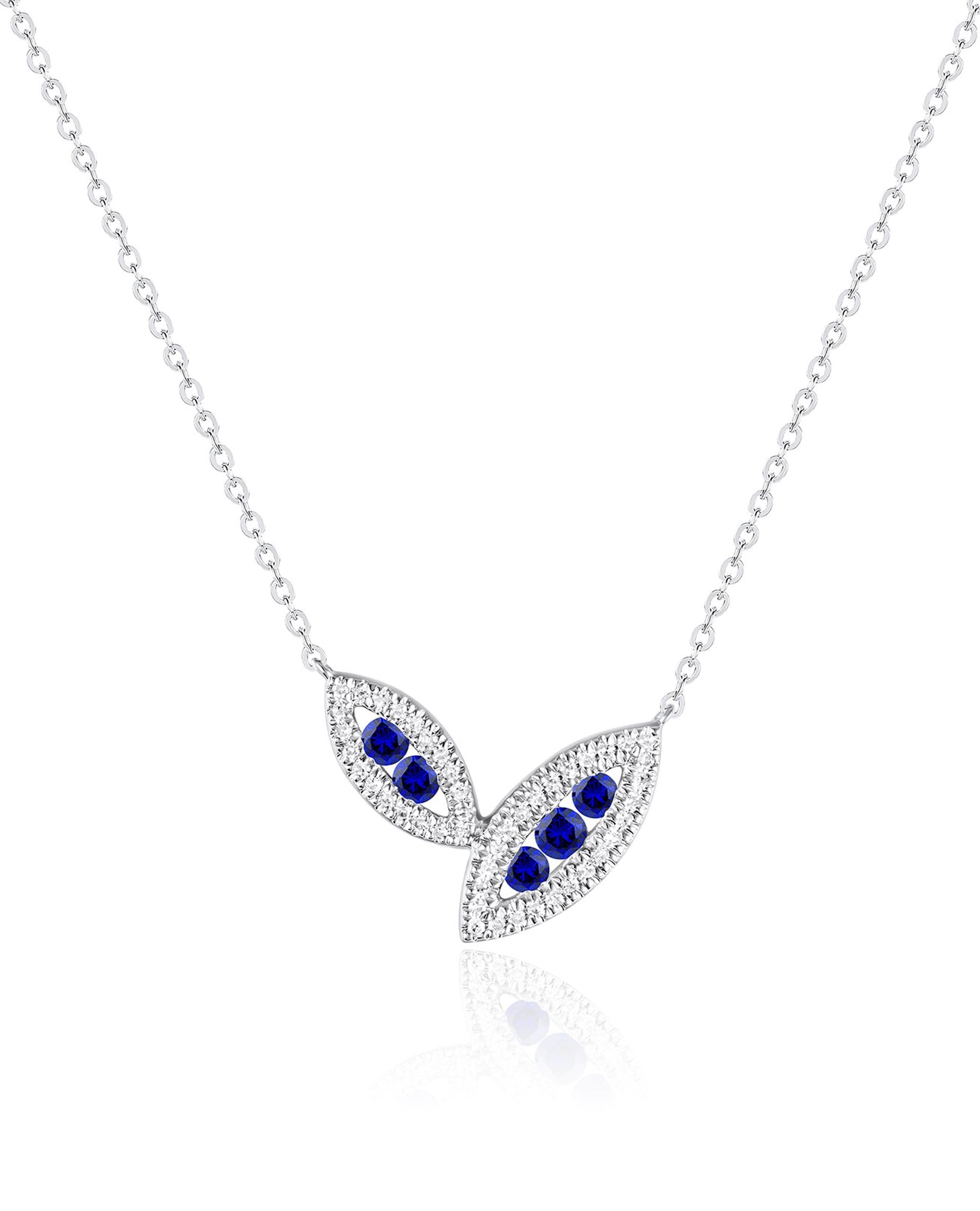 Double Leaf Asymmetric Sapphire and Diamond Necklace in 14K White Gold