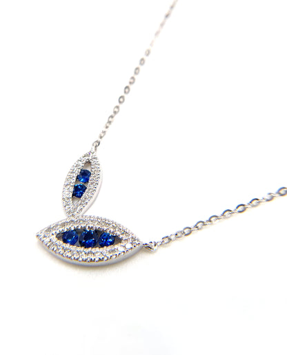 Double Leaf Asymmetric Sapphire and Diamond Necklace in 14K White Gold