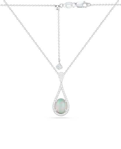 14K White Gold Opal Pendant Necklace - Adjustable