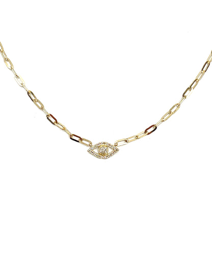 14K Yellow Gold Paperclip Evil Eye Necklace