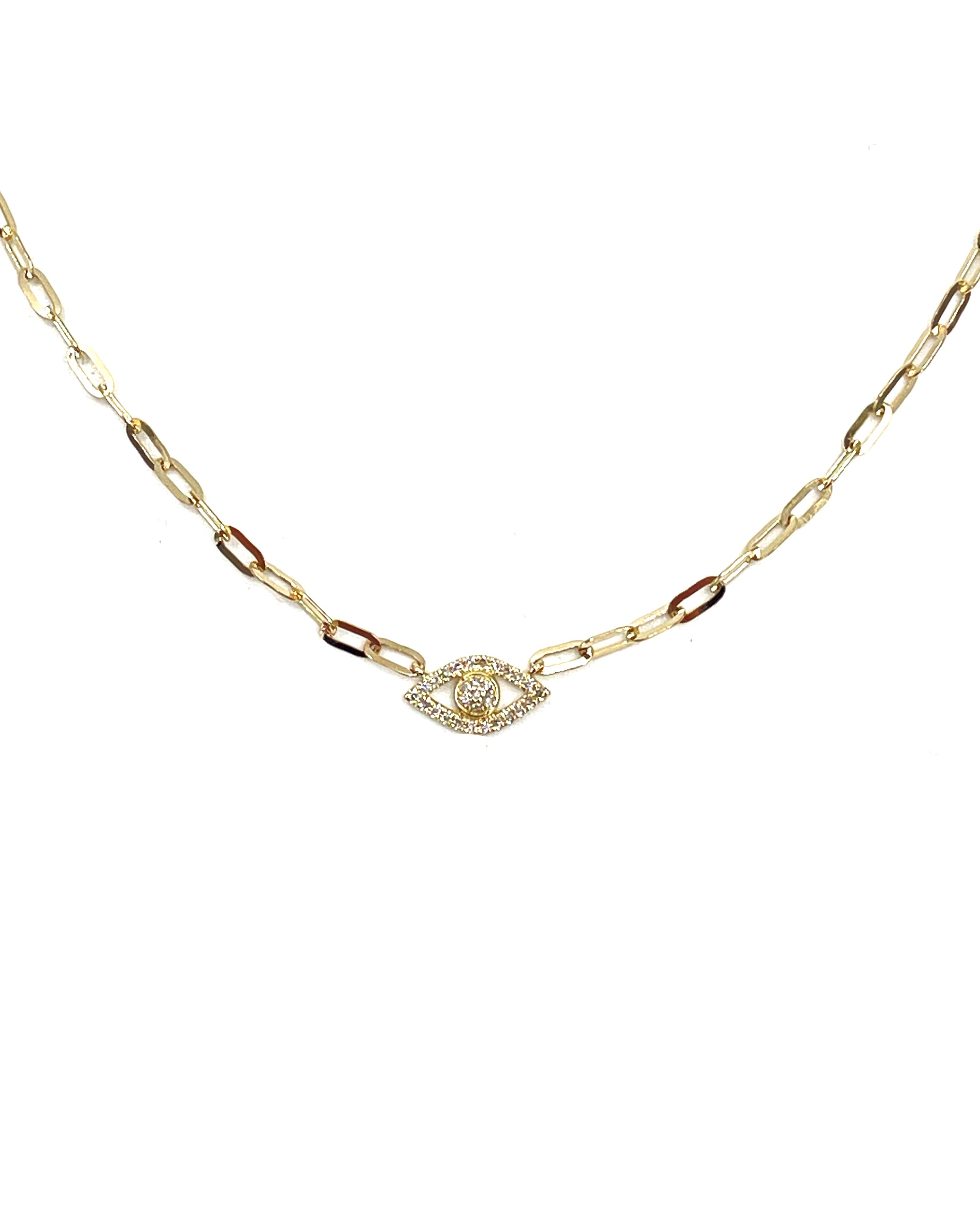 14K Yellow Gold Paperclip Evil Eye Necklace