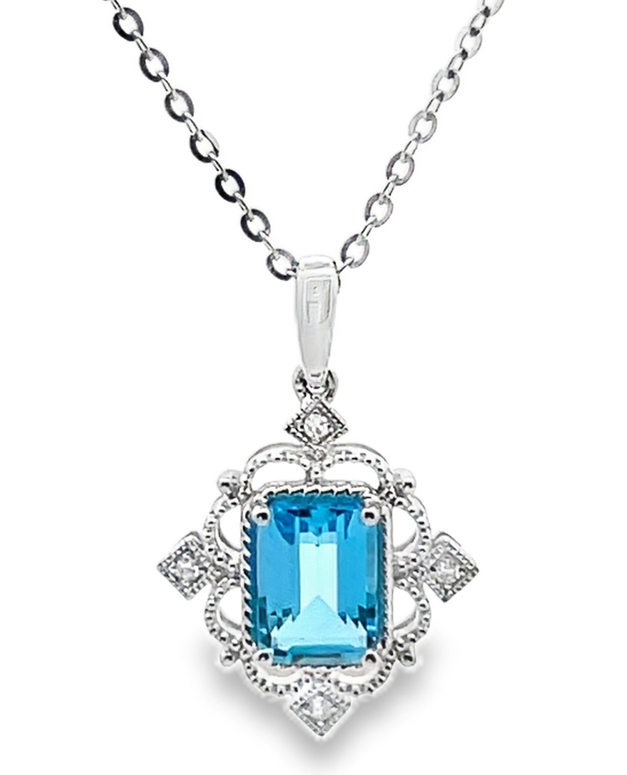 14K White Gold Vintage Inspired Necklace with Blue Topaz