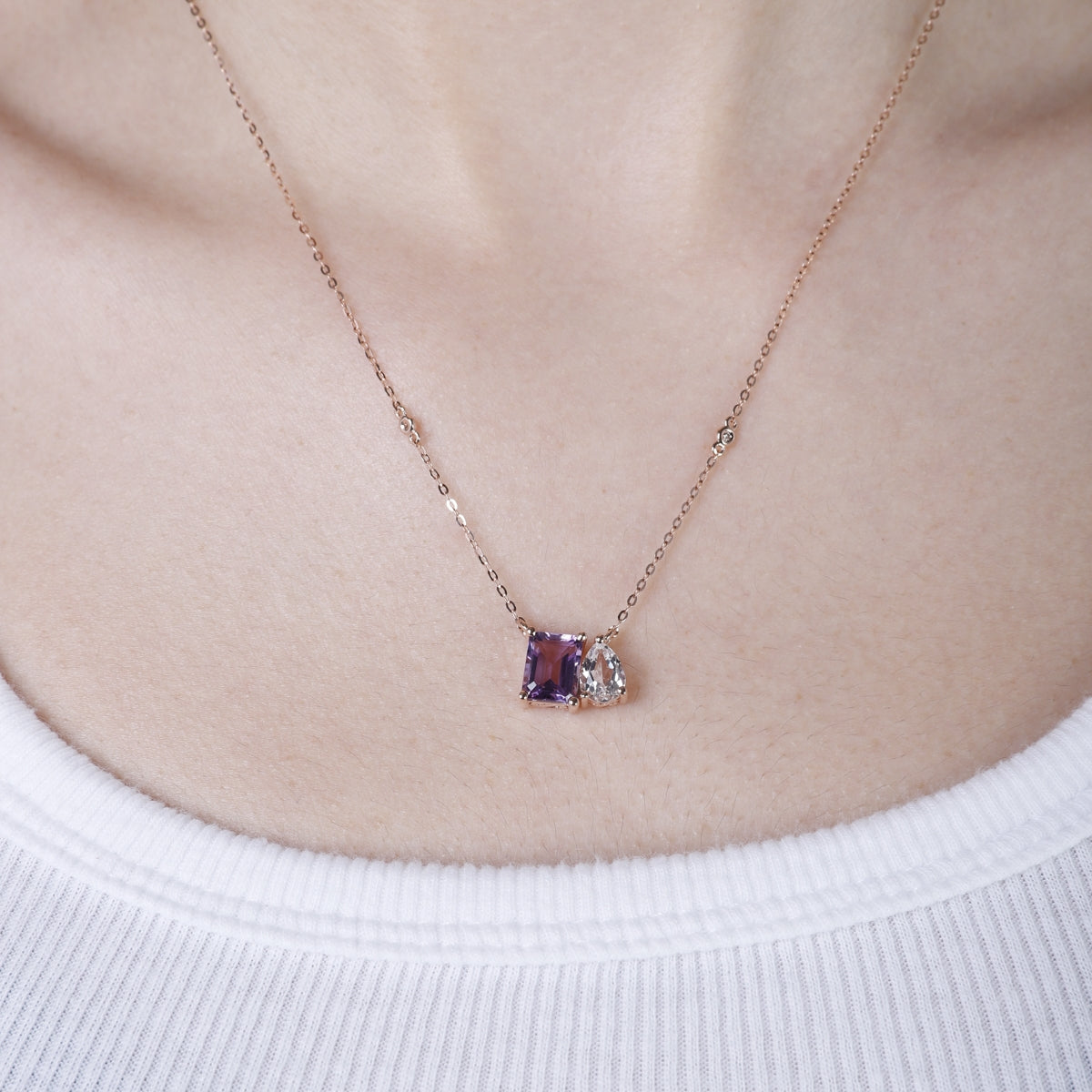 14K White Gold Necklace with White Topaz and Blue Topaz