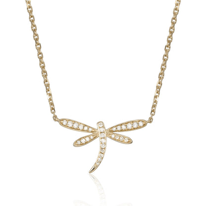 14K Yellow Gold 0.18 Carat Diamond Dragonfly Necklace