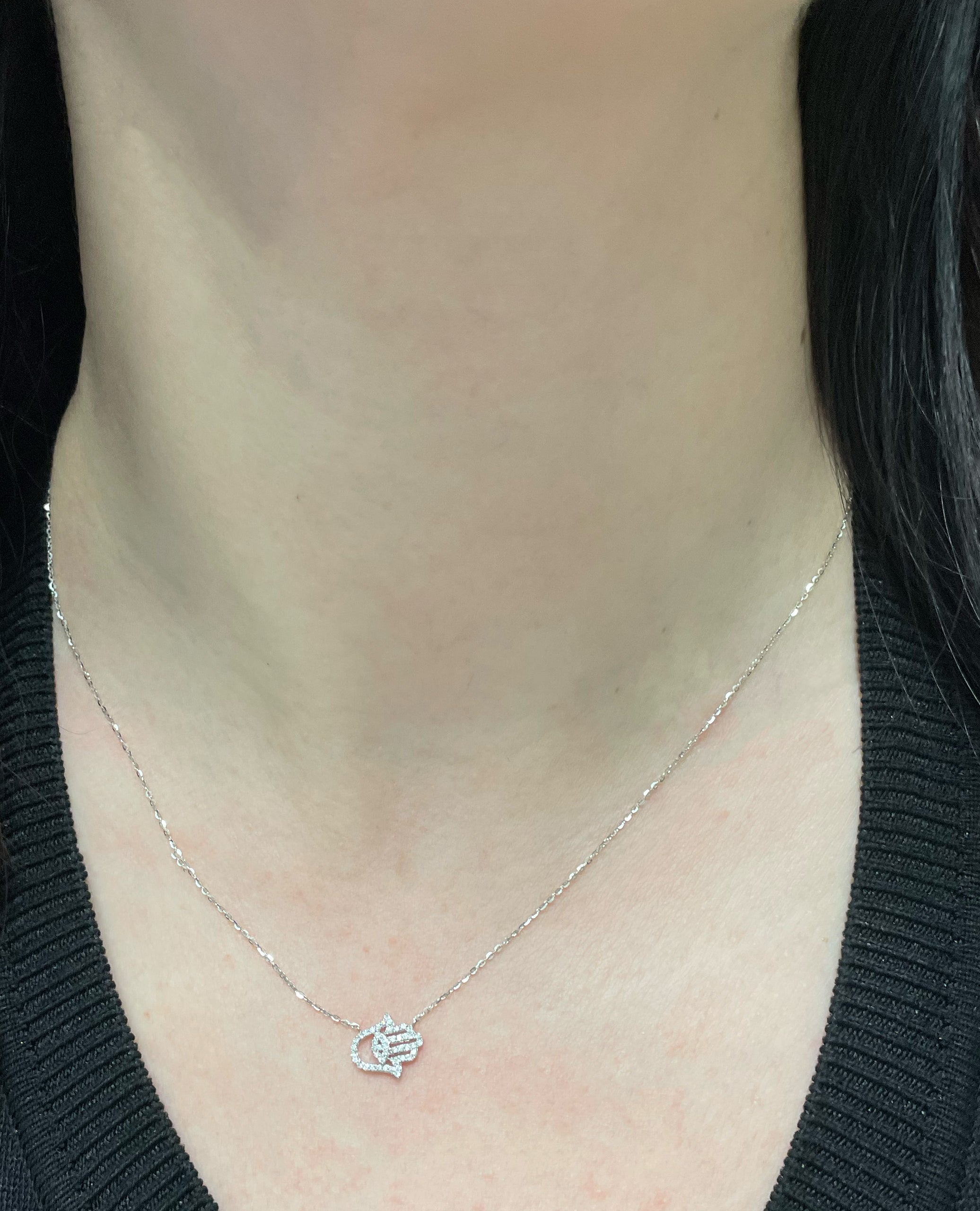 18K White Gold Diamond Hand of God Hamsa Necklace