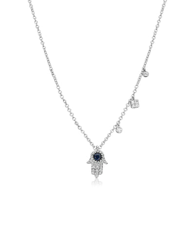 Meira T N12078 14K White Gold Diamond and Blue Sapphire Hamsa Necklace