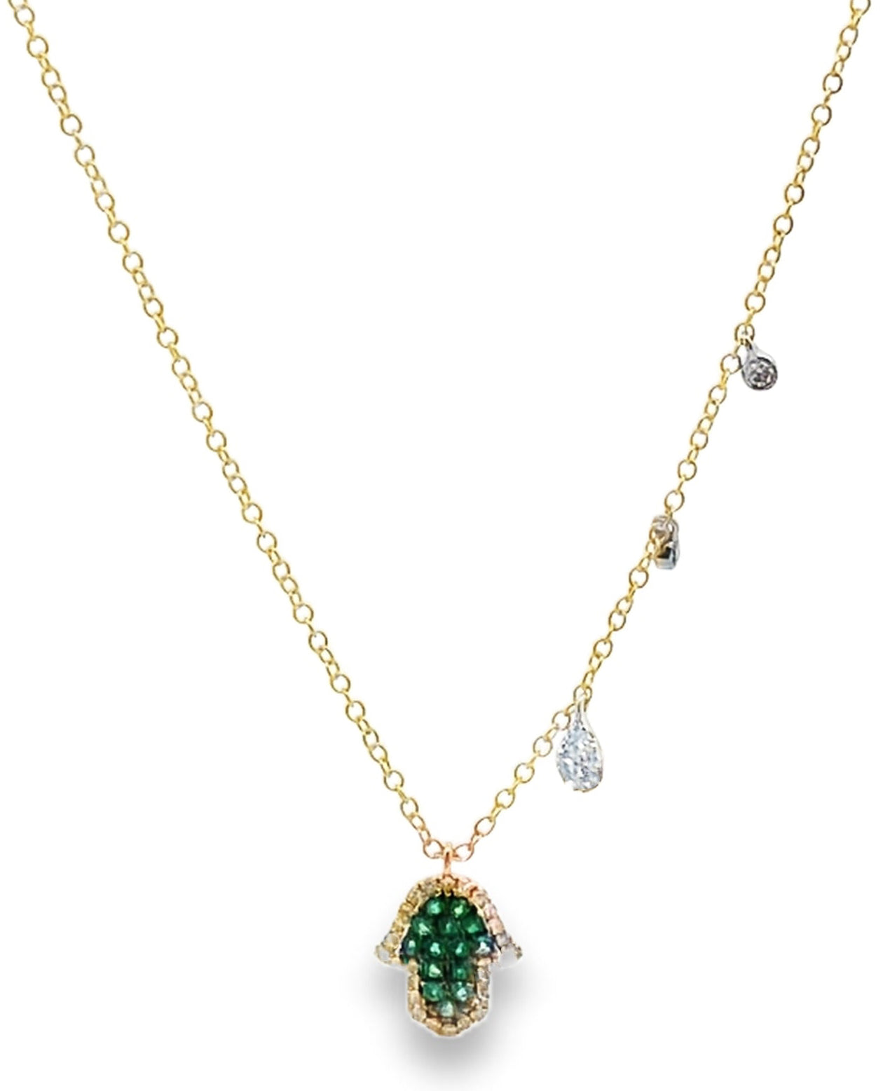 Meira T. N13124/TY 14K Yellow Gold Emerald Hamsa Hand Necklace