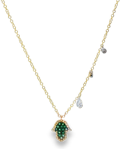 Meira T. N13124/TY 14K Yellow Gold Emerald Hamsa Hand Necklace