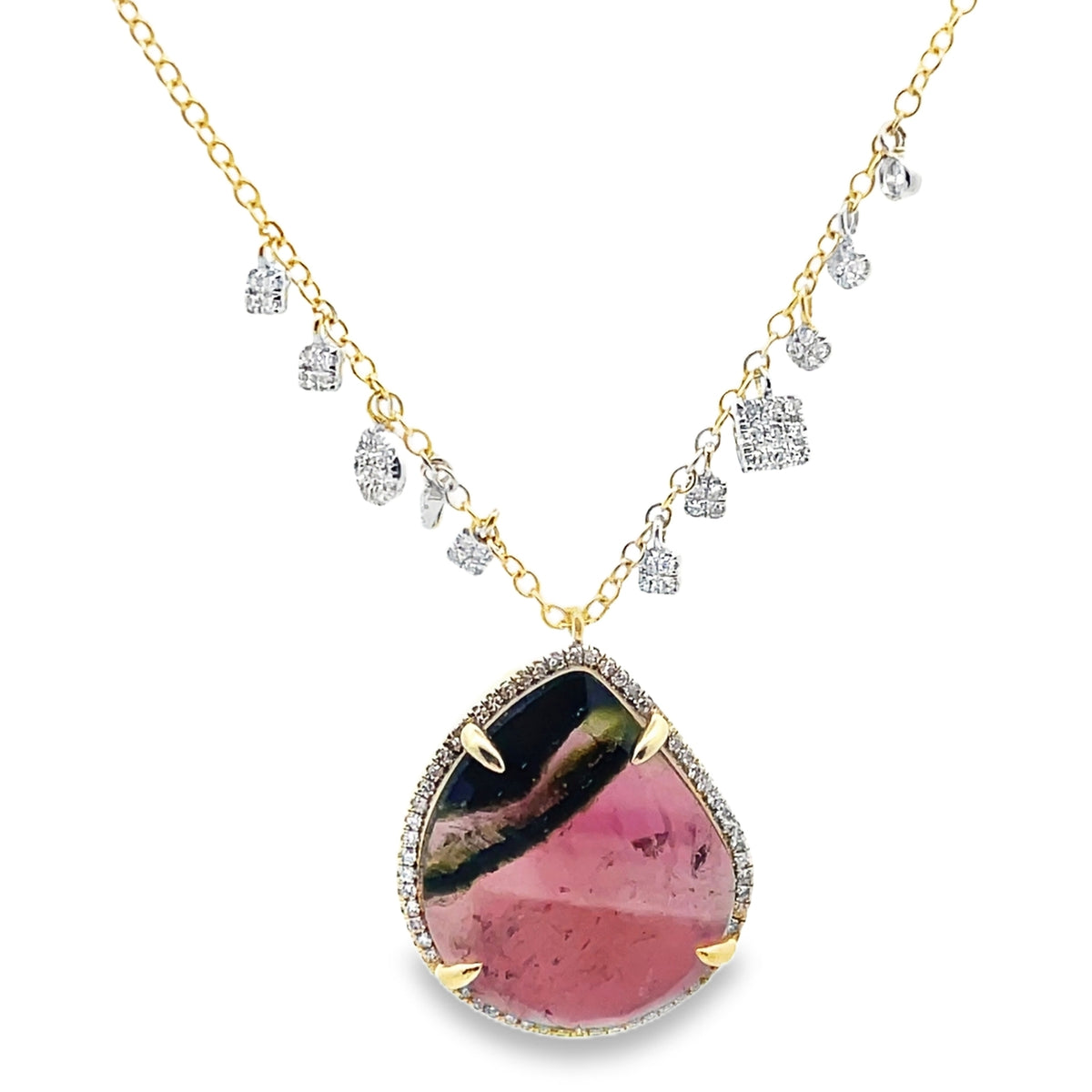 Meira T N16916/YW 14K Yellow Gold Diamond & Pear Shaped Watermelon Tourmaline Pendant Necklace