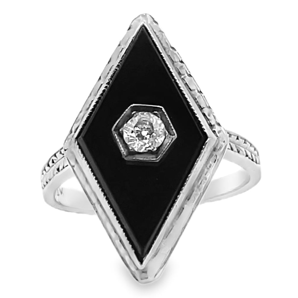 Vintage 14K White Gold, Art Deco Style, Elongated Black Onyx Ring with Round Diamond, Wheat Engraving Detail