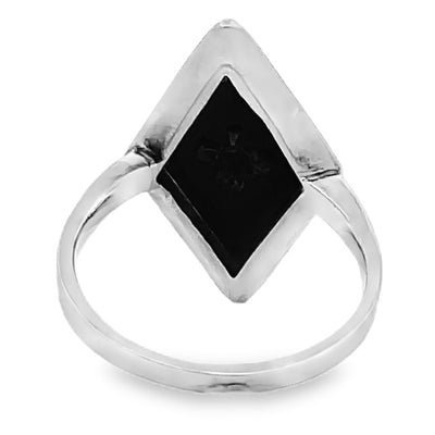 Vintage 14K White Gold, Art Deco Style, Elongated Black Onyx Ring with Round Diamond, Wheat Engraving Detail