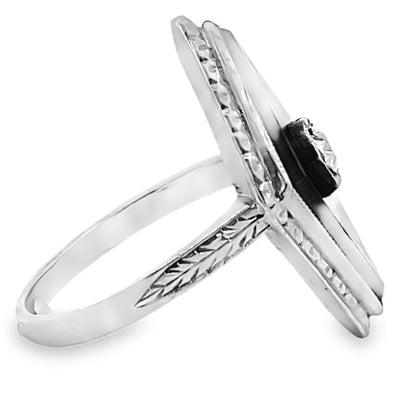 Vintage 14K White Gold, Art Deco Style, Elongated Black Onyx Ring with Round Diamond, Wheat Engraving Detail