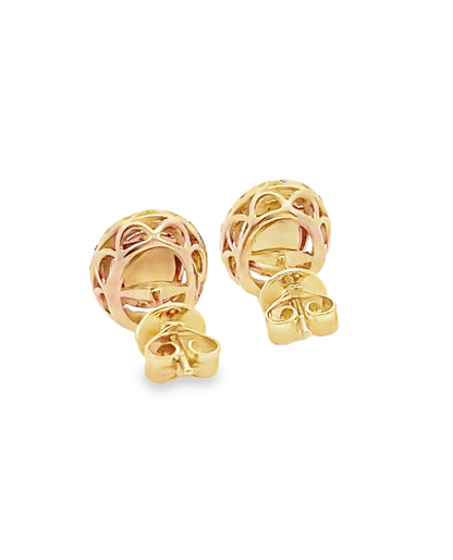 14K Yellow Gold Oval Opal & Round Diamond Stud Earrings