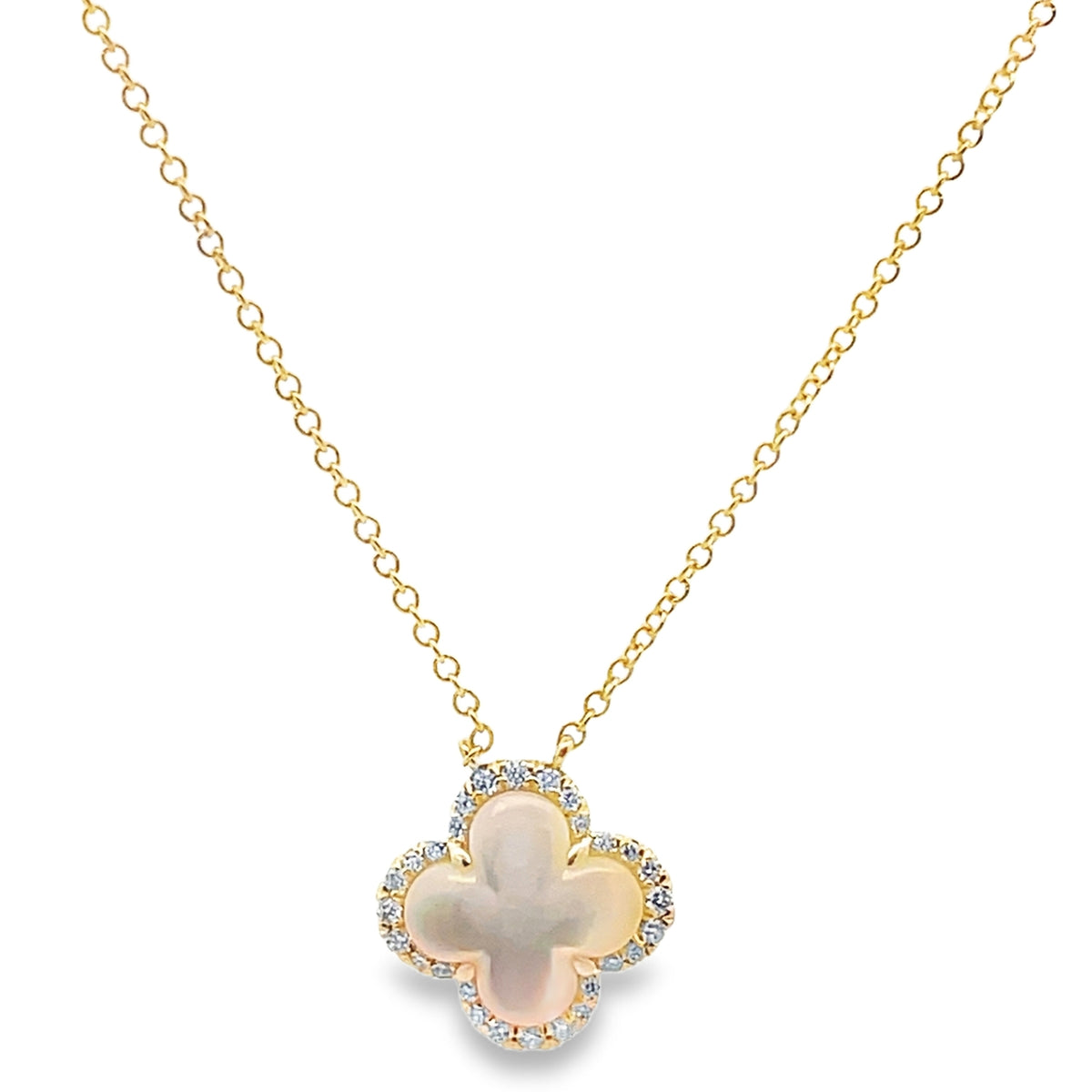 14K Yellow Gold Four Leaf 11.4mm Mother Of Pearl Pendant Necklace with Diamonds