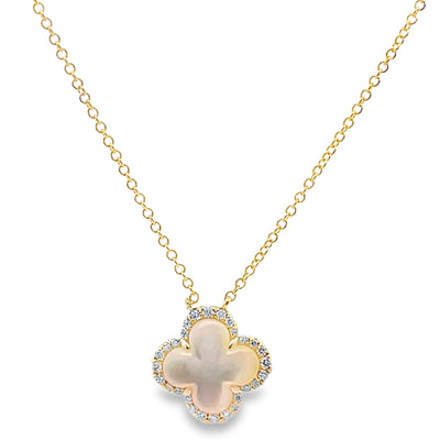 14K Yellow Gold Four Leaf 11.4mm Mother Of Pearl Pendant Necklace with Diamonds