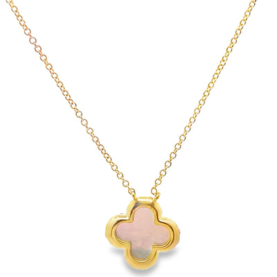 14K Yellow Gold Four Leaf 11.4mm Mother Of Pearl Pendant Necklace with Diamonds