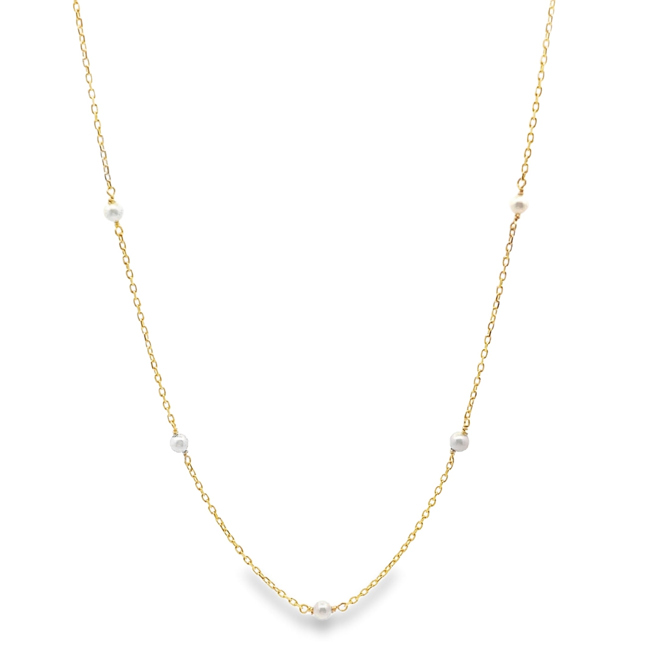 14K Yellow Gold Mini Pearl Necklace, Adjustable Length, 16 inches to 18 inches Long
