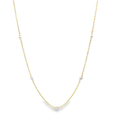 14K Yellow Gold Mini Pearl Necklace, Adjustable Length, 16 inches to 18 inches Long