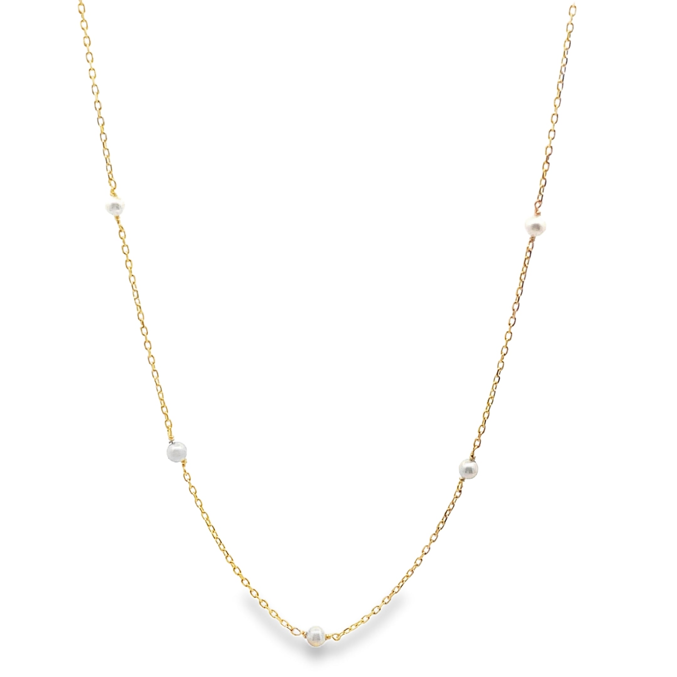 14K Yellow Gold Mini Pearl Necklace, Adjustable Length, 16 inches to 18 inches Long