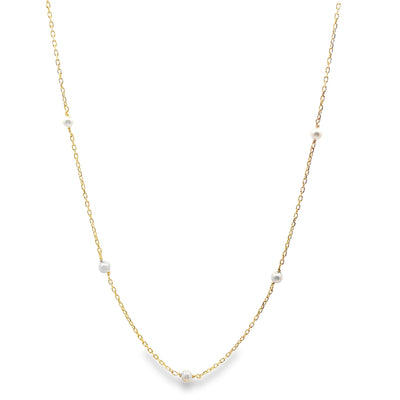 14K Yellow Gold Mini Pearl Necklace, Adjustable Length, 16 inches to 18 inches Long