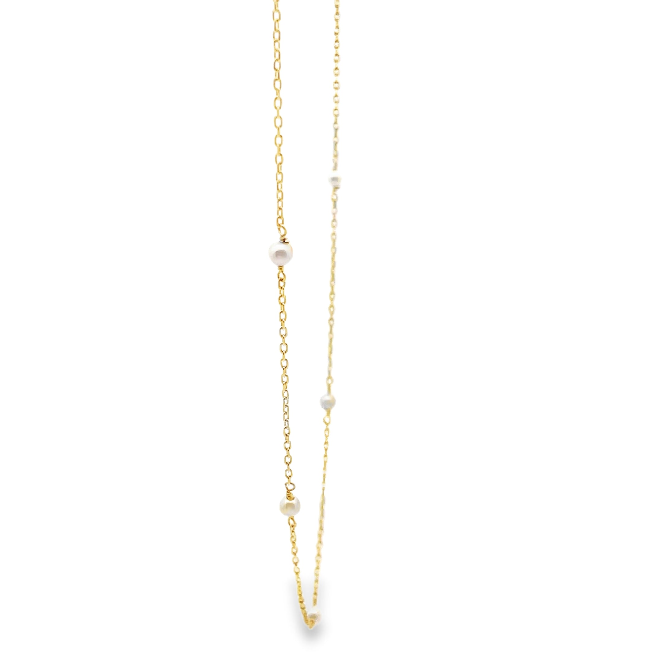 14K Yellow Gold Mini Pearl Necklace, Adjustable Length, 16 inches to 18 inches Long